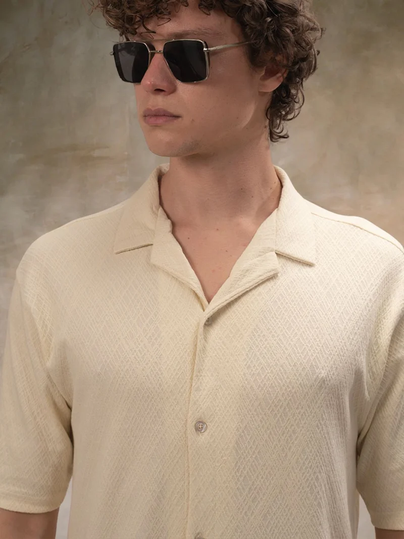 مانياك Maniac Mens Marble Texture Collared Neck Half Sleeve Cream Cotton Polo Shirt